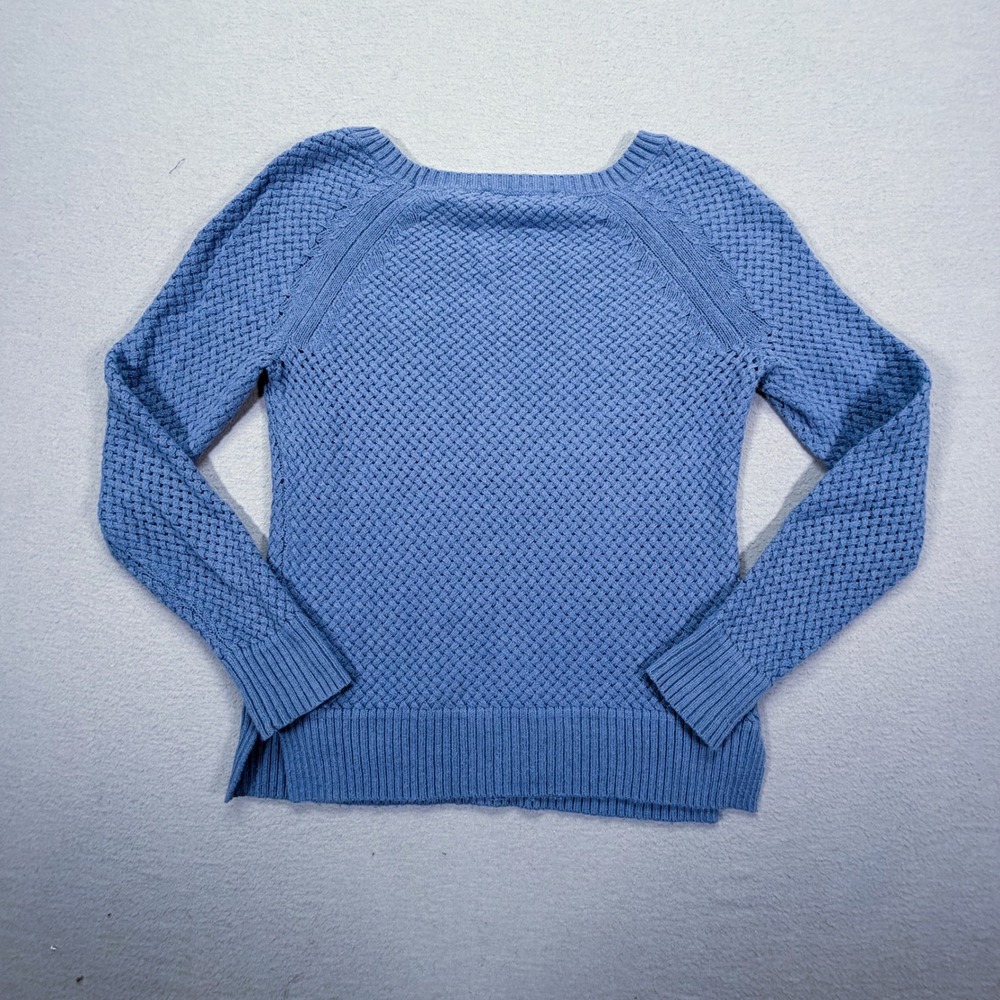LOFT Sweater Womens Small Excellent Blue Basketweave Knit Cotton Camel Hair Mix - Picture 6 of 7